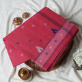 Bengal Cotton Saree With Traditional Woven Motifs And Contrast Border In  Red Folded Front View
