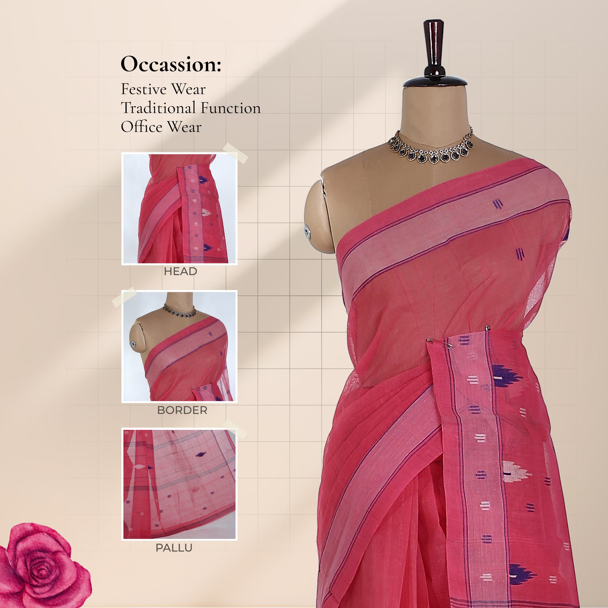 Bengal Cotton Saree With Woven Butta Motifs And Contrast Border In  Red Draped Front View
