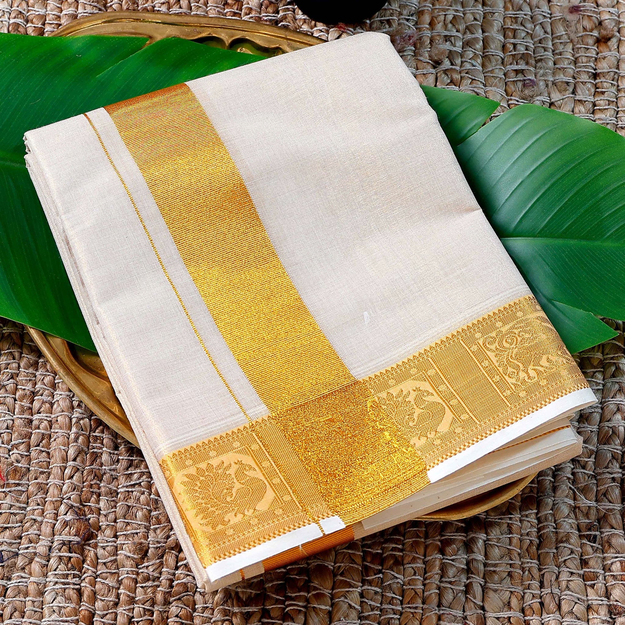 Men’s Cotton Dhoti with Gold Colour Border - White