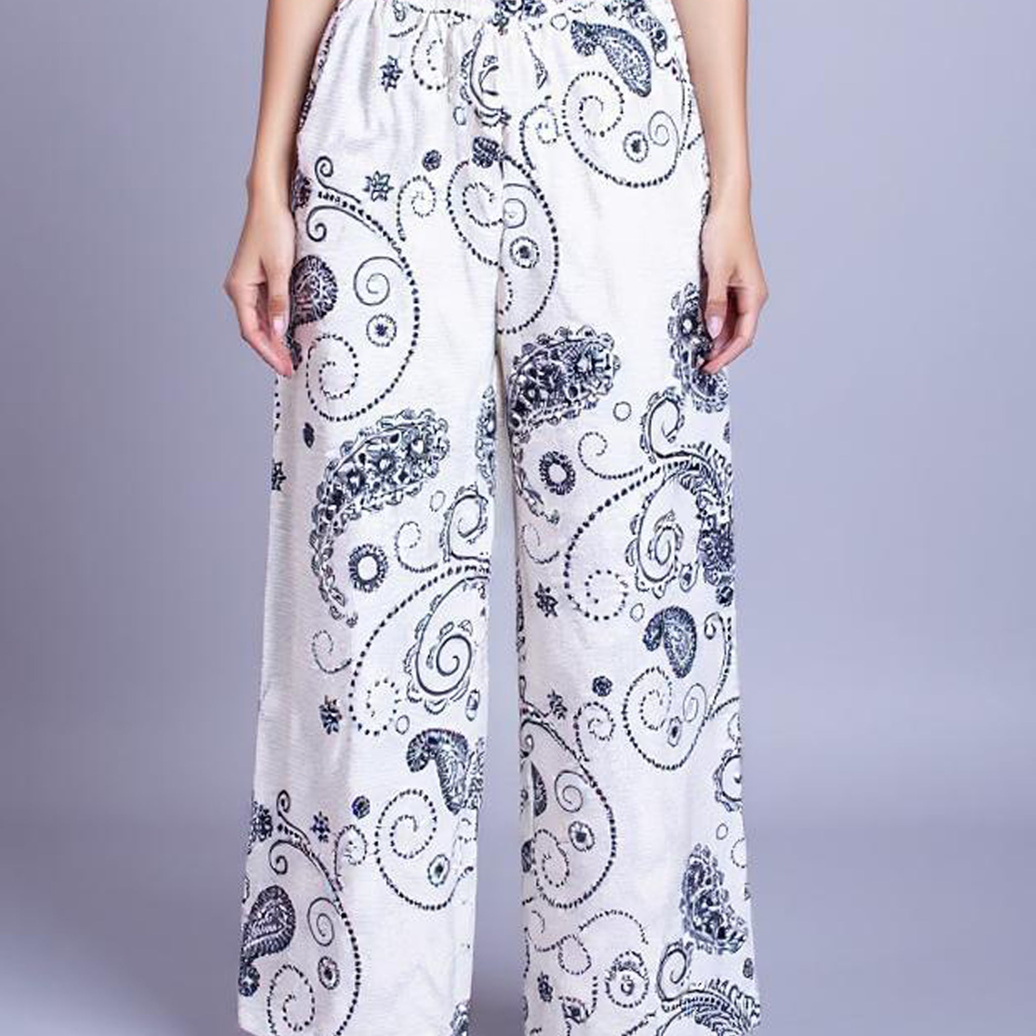 Paisley Print Elastic Waist Palazzo Pant - White
