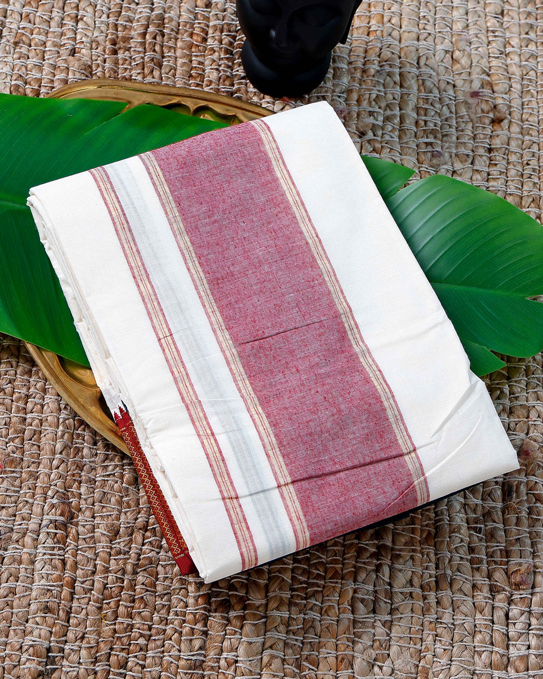 Men’s Cotton Dhoti with Maroon Colour Border - White
