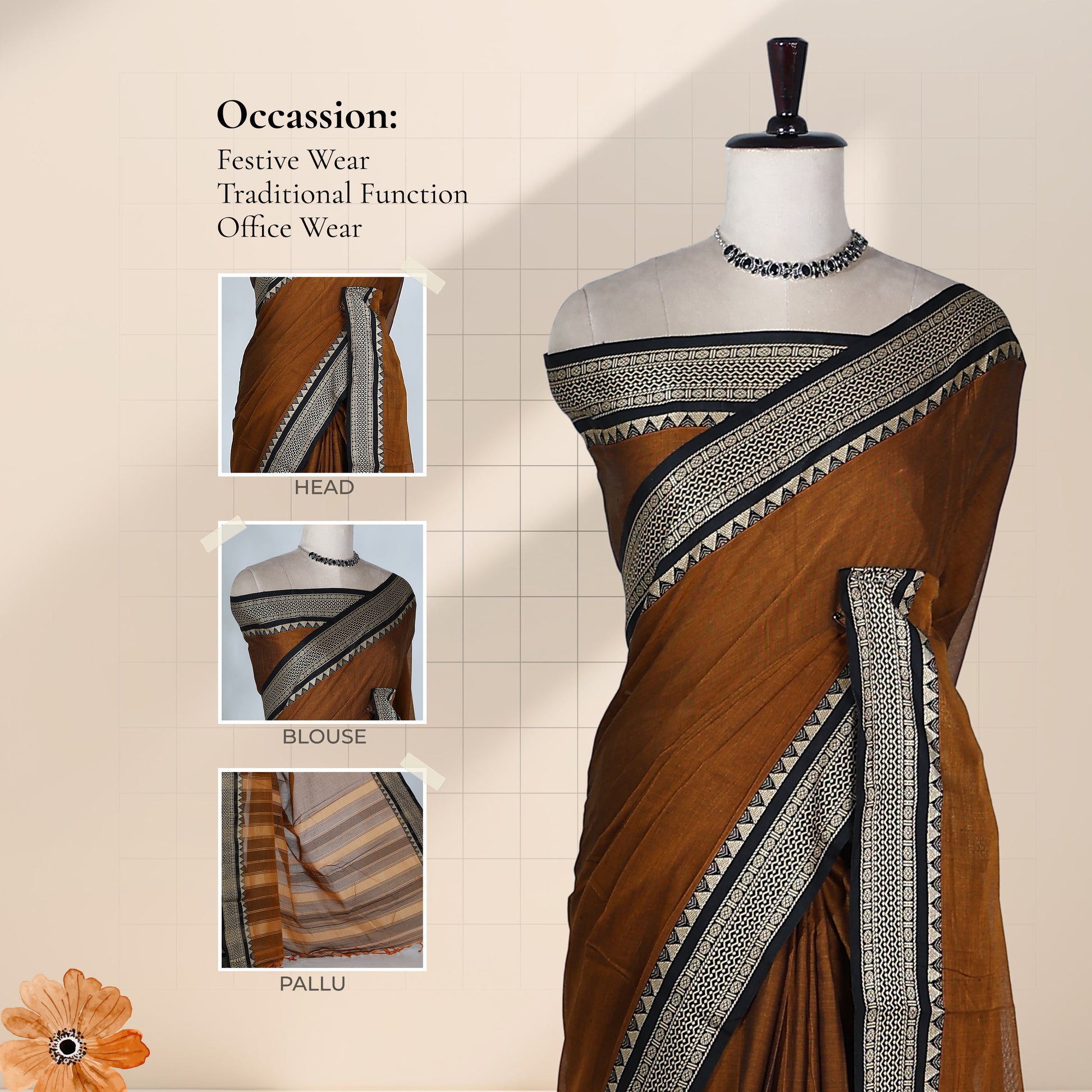 Dark Brown Mangalagiri Cotton Saree With Traditional Woven Border And Striped Pallu-Front View 