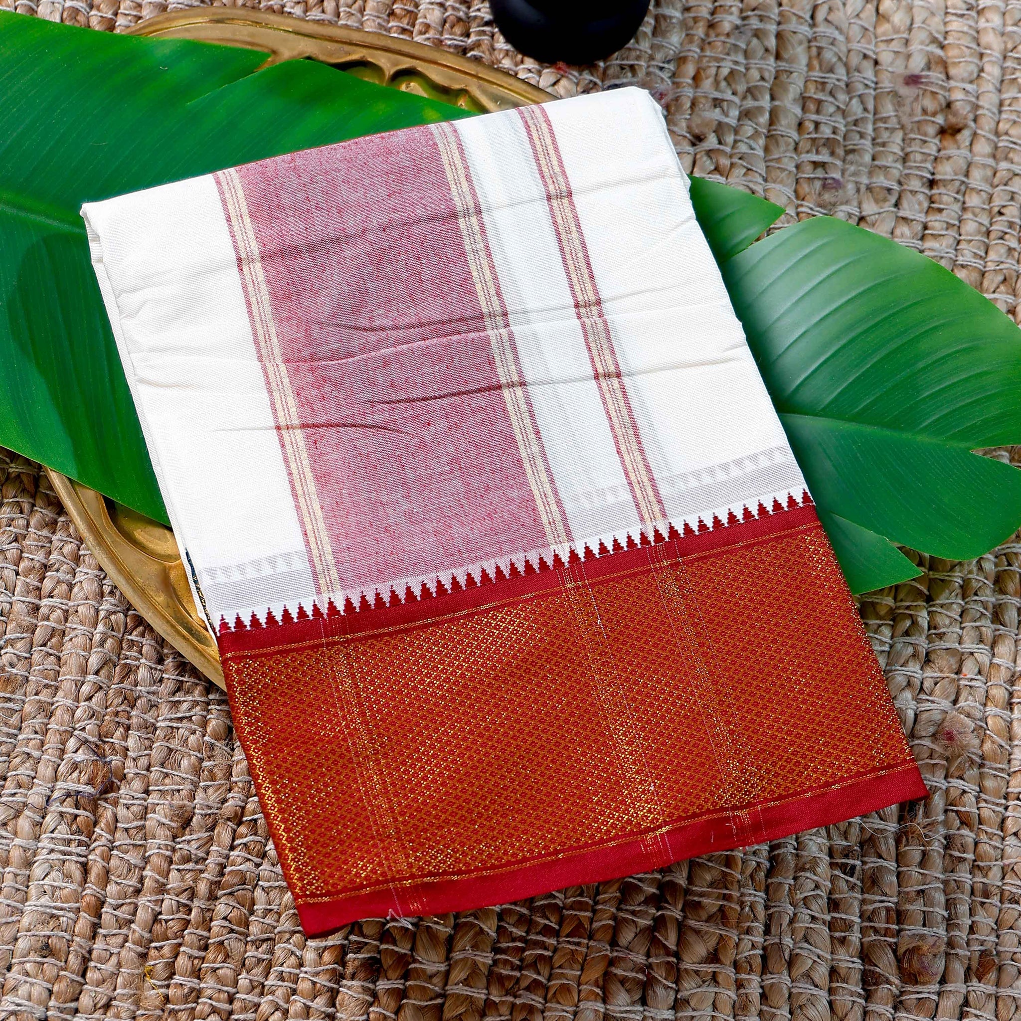 Men’s Cotton Dhoti with Maroon Colour Border - White