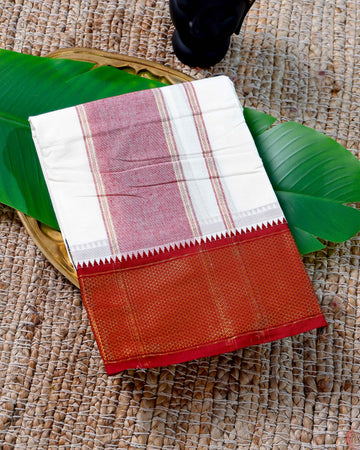 Men’s Cotton Dhoti with Maroon Colour Border - White
