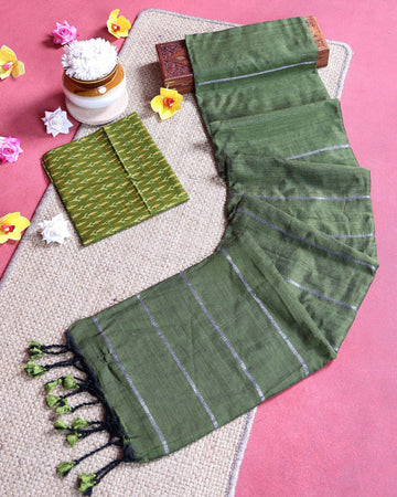 Handloom Khadi Cotton Saree with Woven Stripe Border and Contrast Printed Blouse Piece - Green