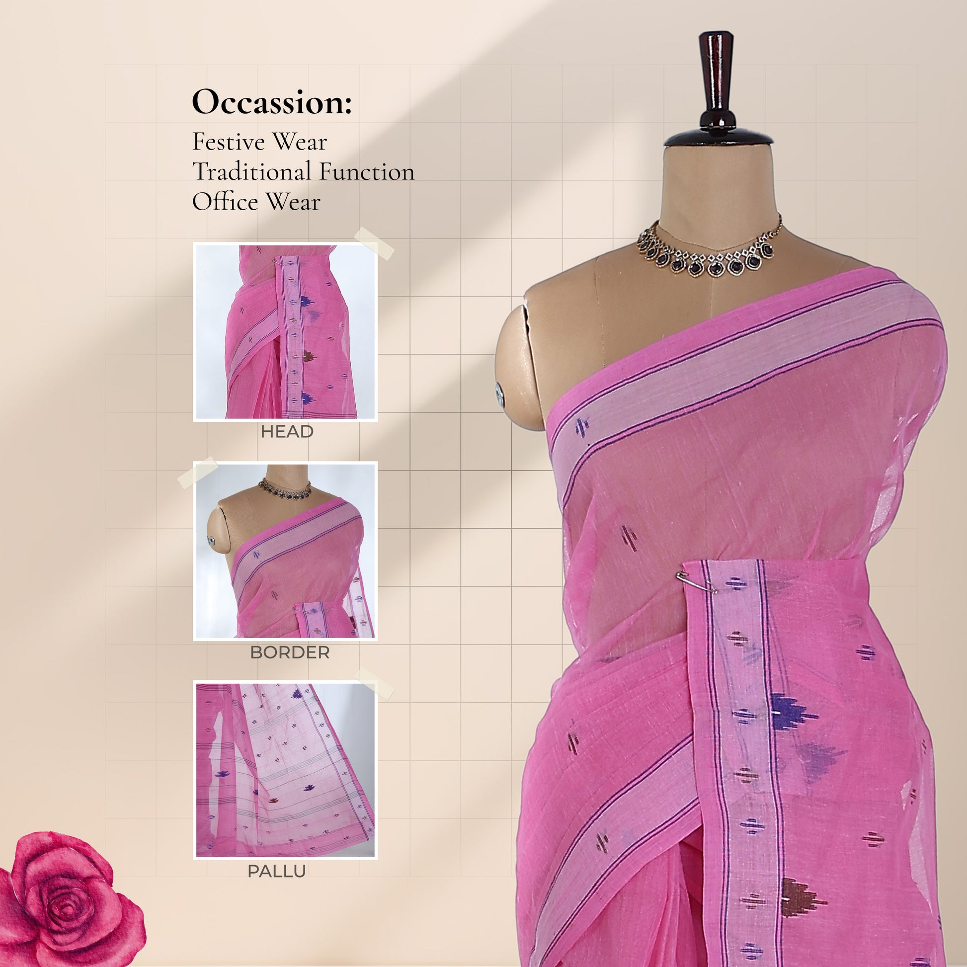 Bengal Cotton Saree With Woven Butta Motifs And Contrast Border In  Light Pink Draped Front View