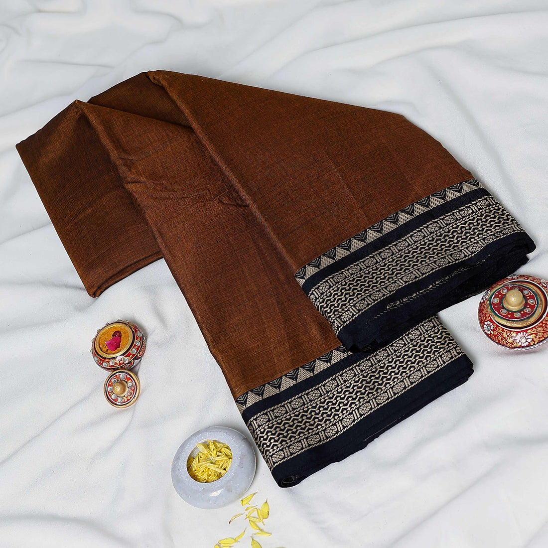 Dark Brown Mangalagiri Cotton Saree for Women | Festive Summer Collection | Jeyachandran - Full View