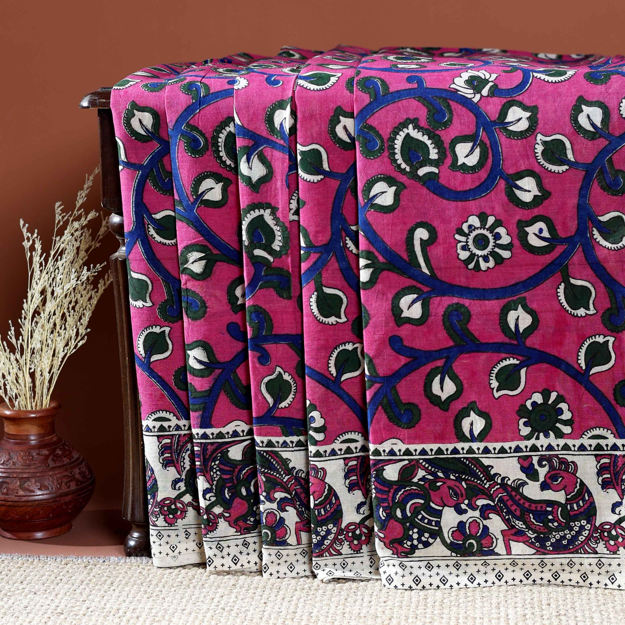 Traditional Handloom Kalamkari Cotton Saree with Intricate Floral and Avian Motifs - Pink