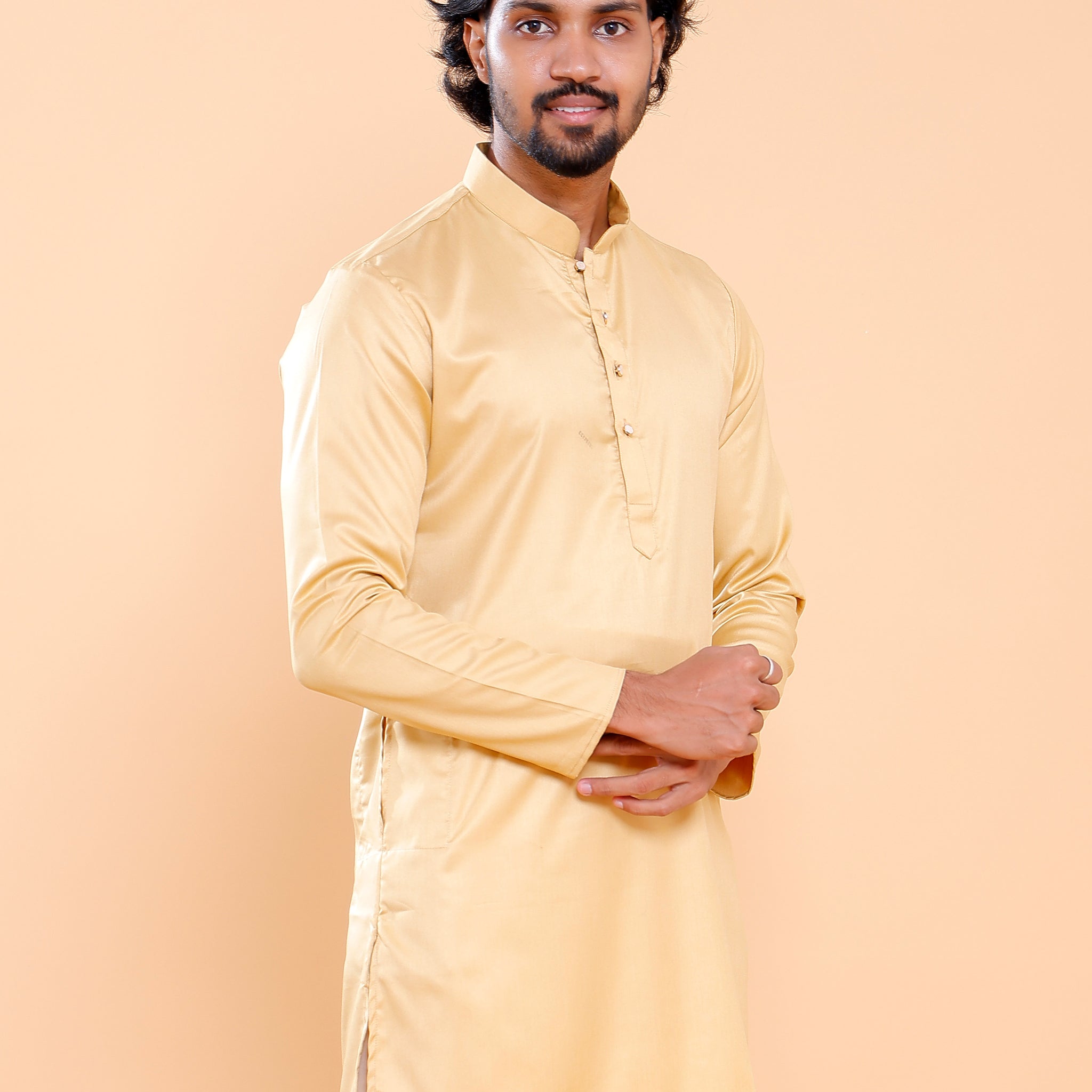 Elegant Men's Solid Mandarin Collar Kurta with Full Sleeves - Sandal