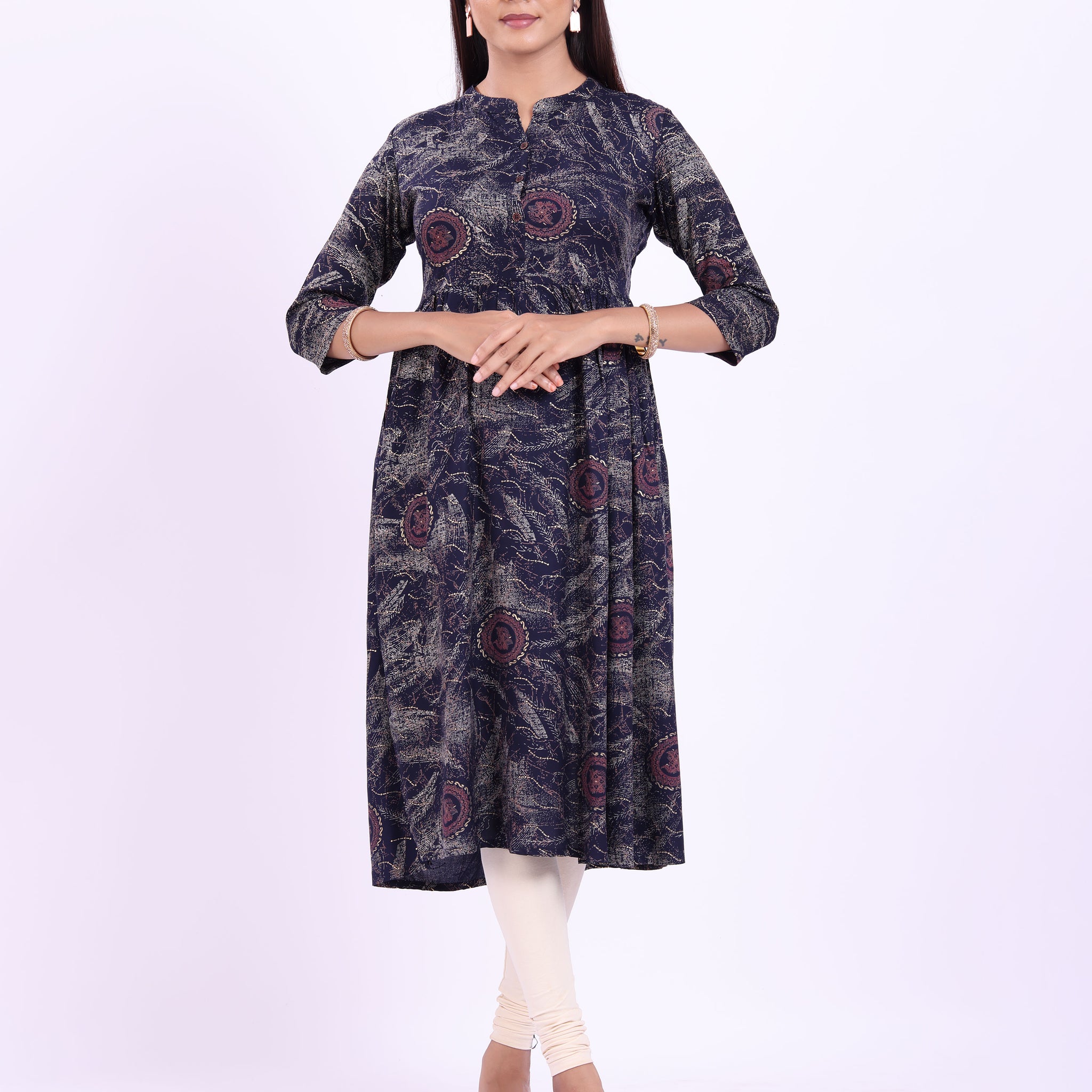 Women's Elegant Printed Kurta - Navy Blue