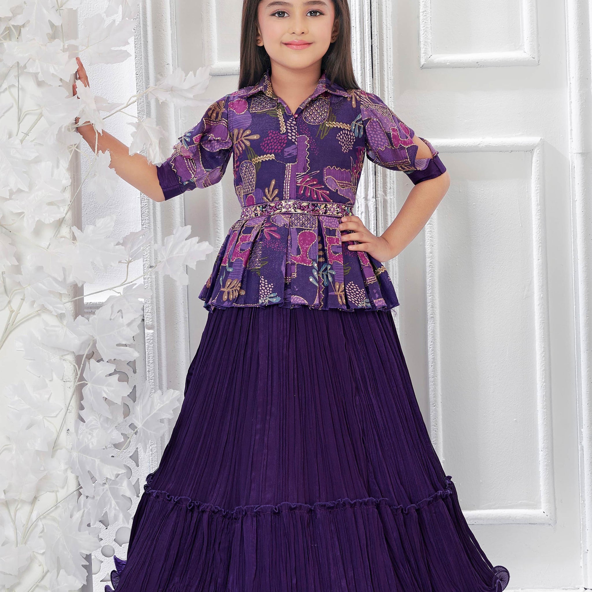 Purple Embellished jacquard Model Work Frock