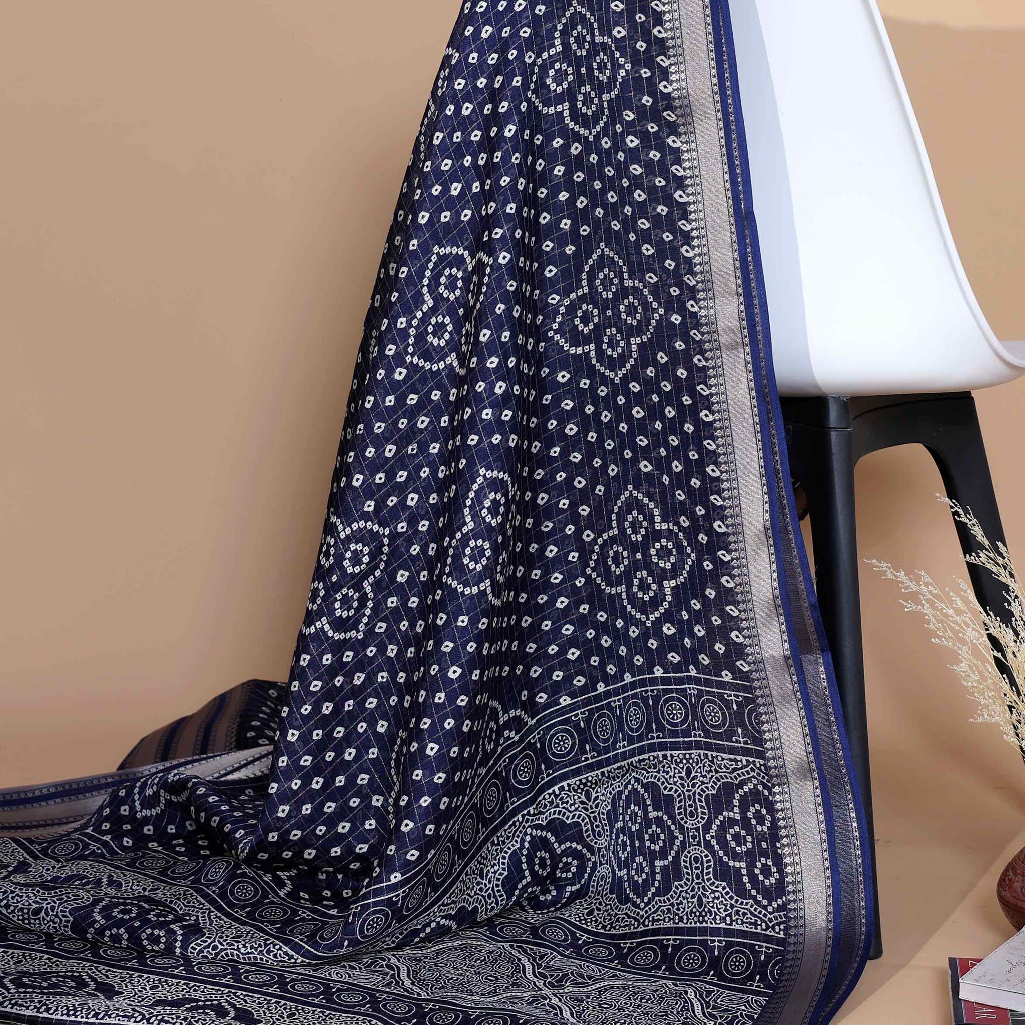 Elegant Dola Silk Saree with Bandhani Print Saree - Navy Blue