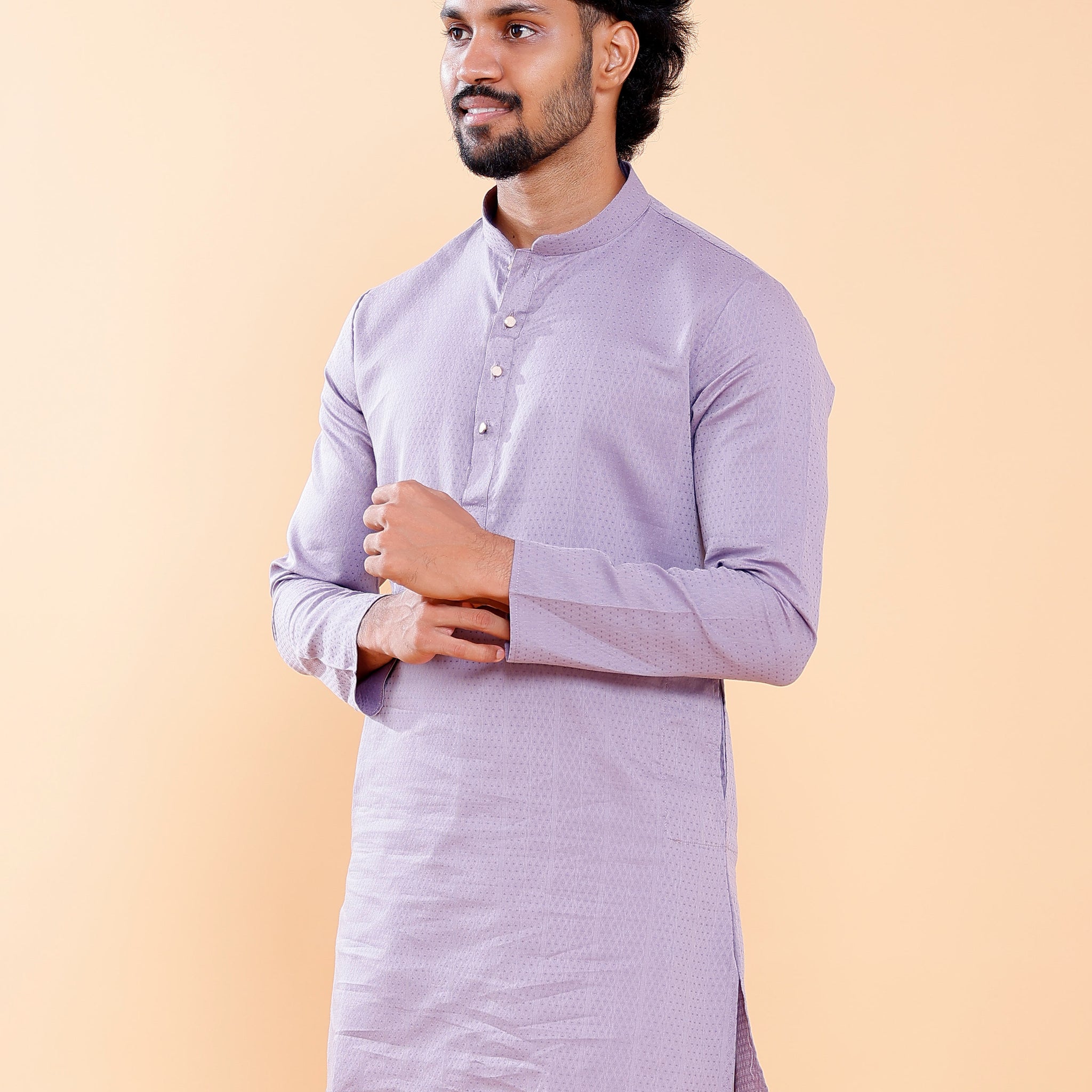 Elegant Men's Woven Design Kurta with Mandarin Collar and Full Sleeves - Lavender