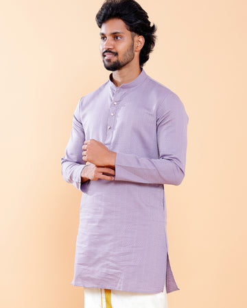 Elegant Men's Woven Design Kurta with Mandarin Collar and Full Sleeves - Lavender