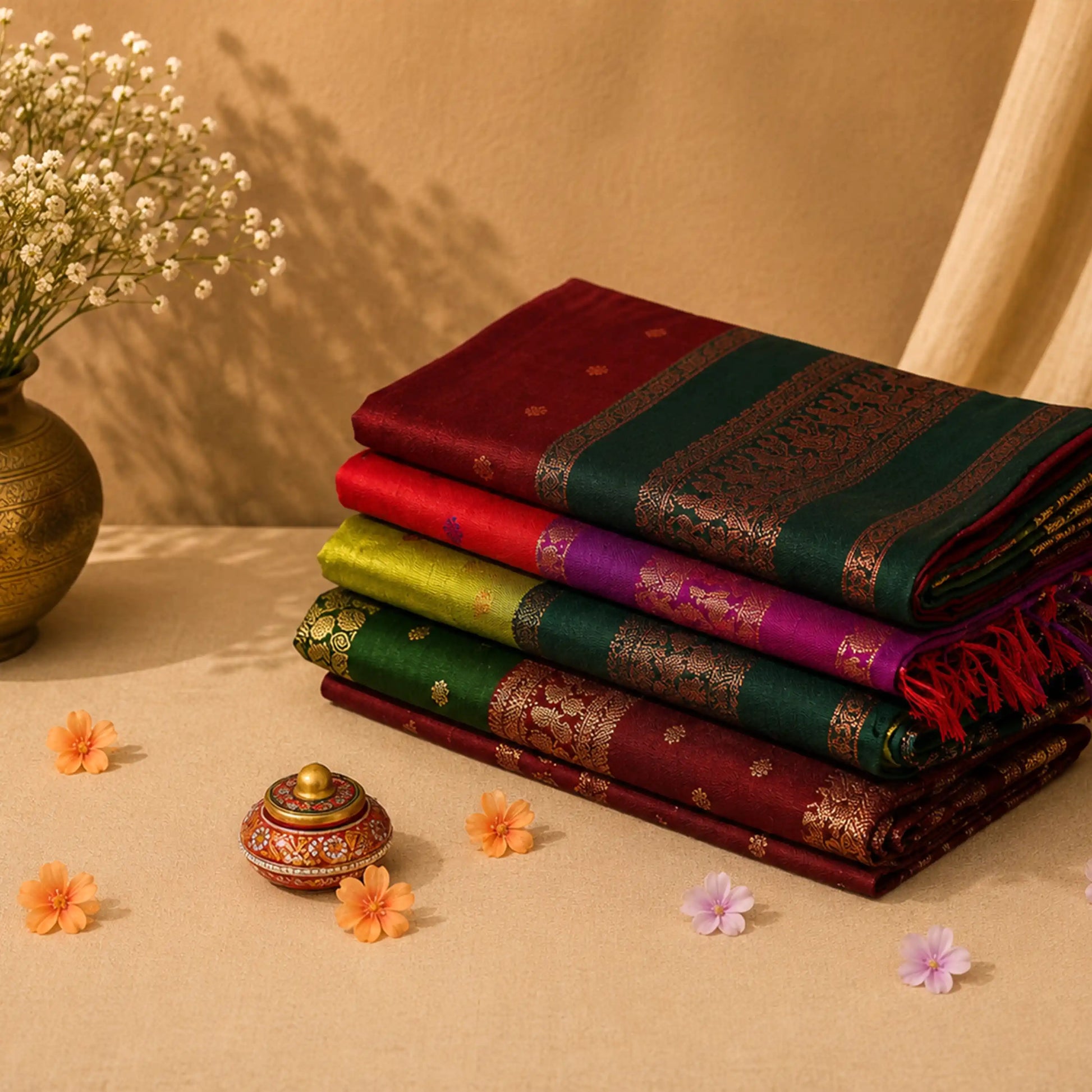 Folded checked kalyani cotton sarees in assorted colors with zari woven borders, stacked display