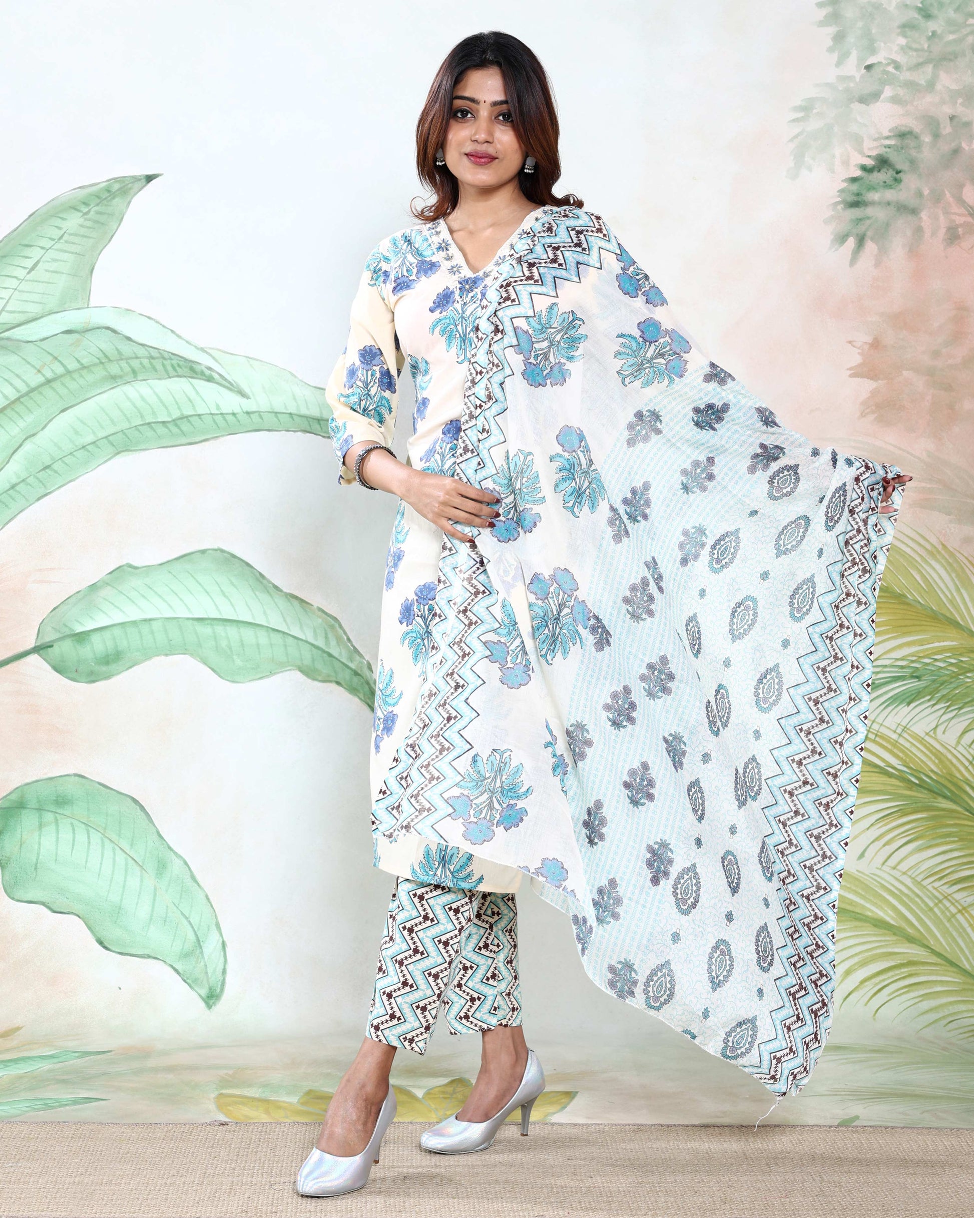 Women’s Polka Dot Printed Readymade Salwar Suit Set with Straight Kurta Matching Pants and Coordinated Dupatta, Off White