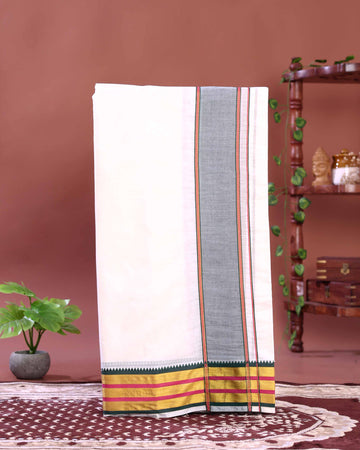 Traditional Men’s Handloom Cotton Dhoti 10×6 Meter with Elegant Multi Border – Off White