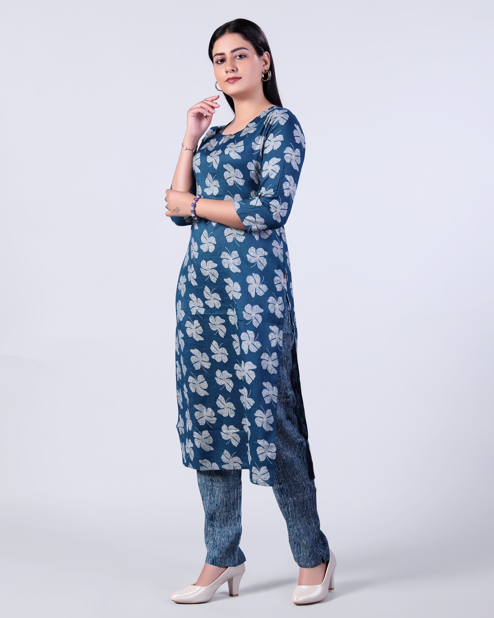Women's Elegant Floral Print Straight Kurta with Palazzo Set, Teal