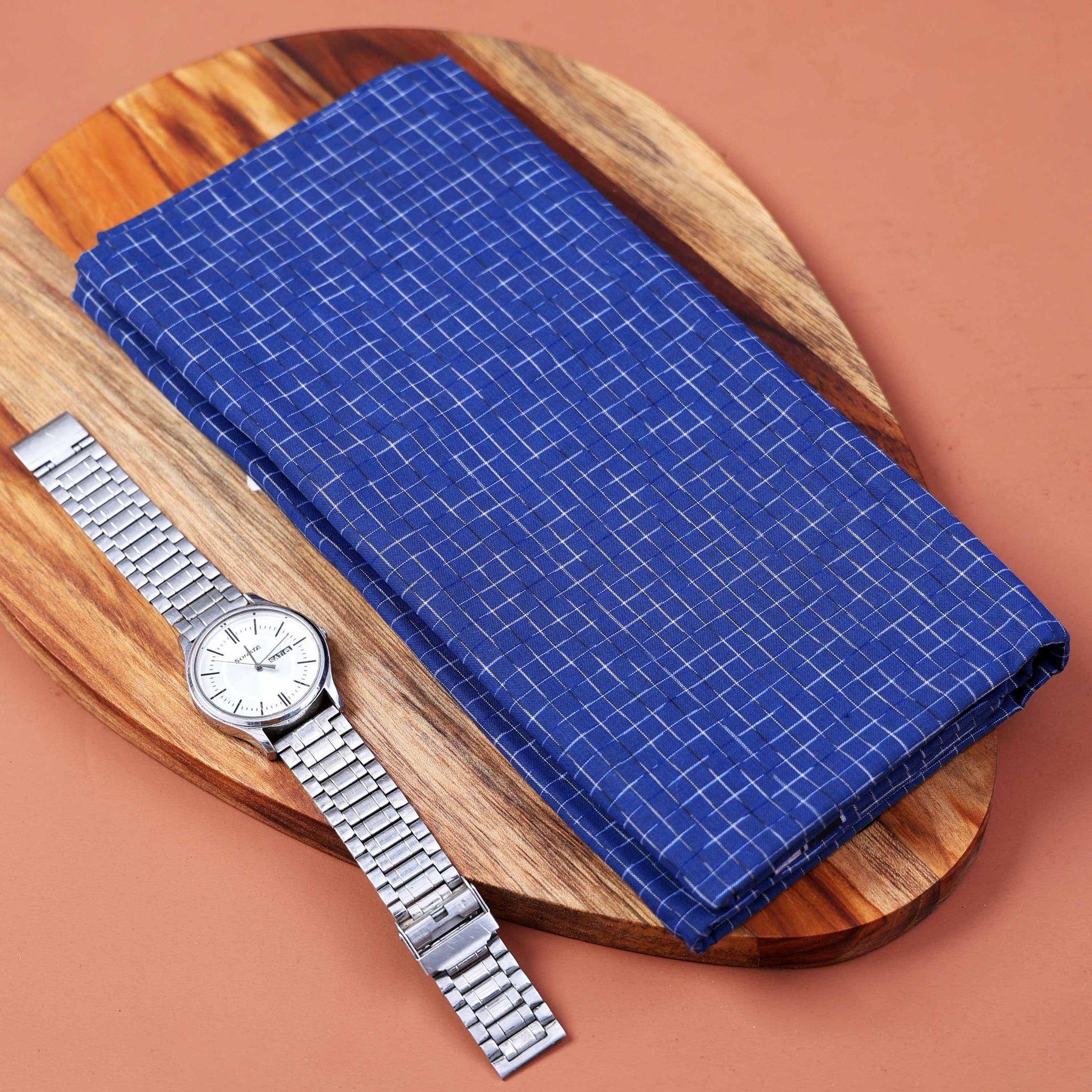 Nandu Brand Men's Premium Cotton Checked 2.20 Meter Stitched Lungi - Blue