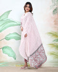 Women’s Readymade Salwar Suit Set with Floral Printed Straight Kurta, Pants & Striped Dupatta, Onion Pink Side View