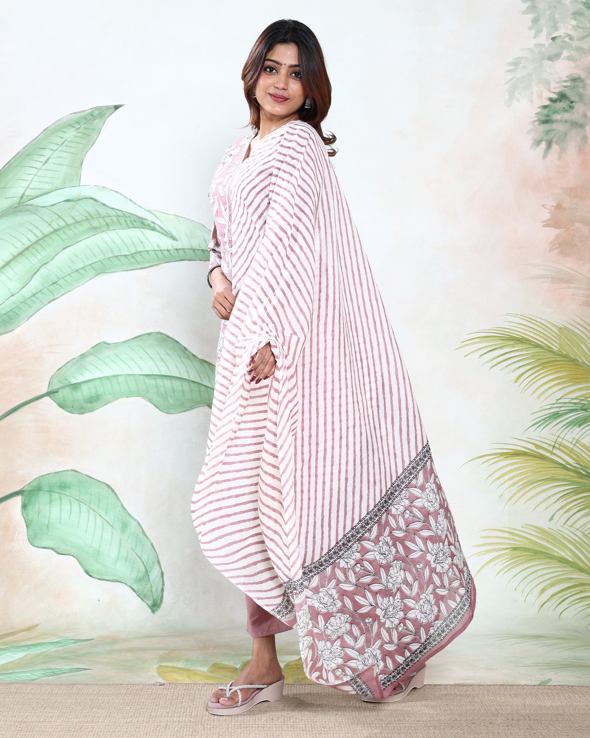 Women’s Readymade Salwar Suit Set with Floral Printed Straight Kurta, Pants & Striped Dupatta, Onion Pink Side View