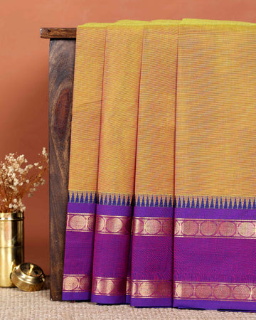 Traditional Handloom Chettinad Cotton Saree with Zari Woven Temple Border - Brown