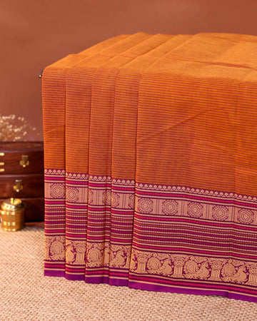 Elegant Handloom Chettinad Cotton Saree with Plain Body and Thread Woven Border - Orange