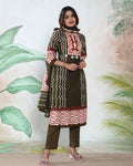 Women’s Readymade Zigzag and Striped Printed Straight Kurta Salwar Suit Set with Round Neck 3/4th Sleeves and Designer Printed Dupatta, Light Green