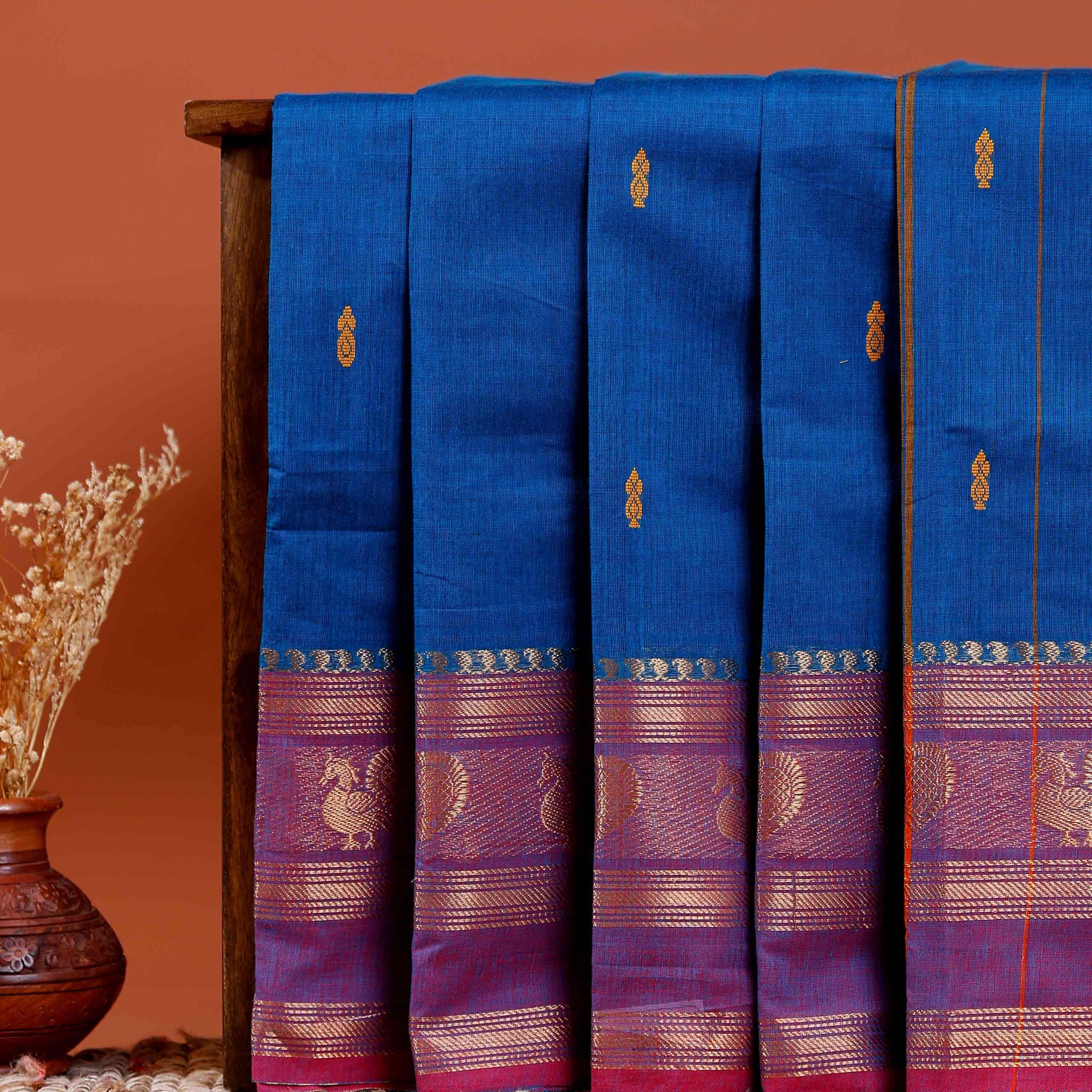 Handloom Chettinad Cotton Saree with Butta Weaves, Zari Peacock Motif Border and Contrast Pallu - Blue