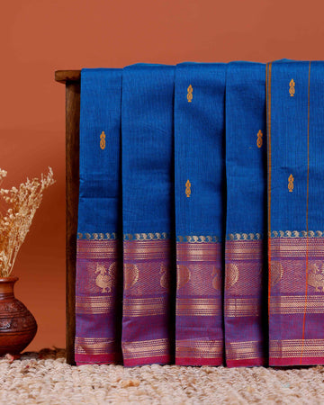 Handloom Chettinad Cotton Saree with Butta Weaves, Zari Peacock Motif Border and Contrast Pallu - Blue