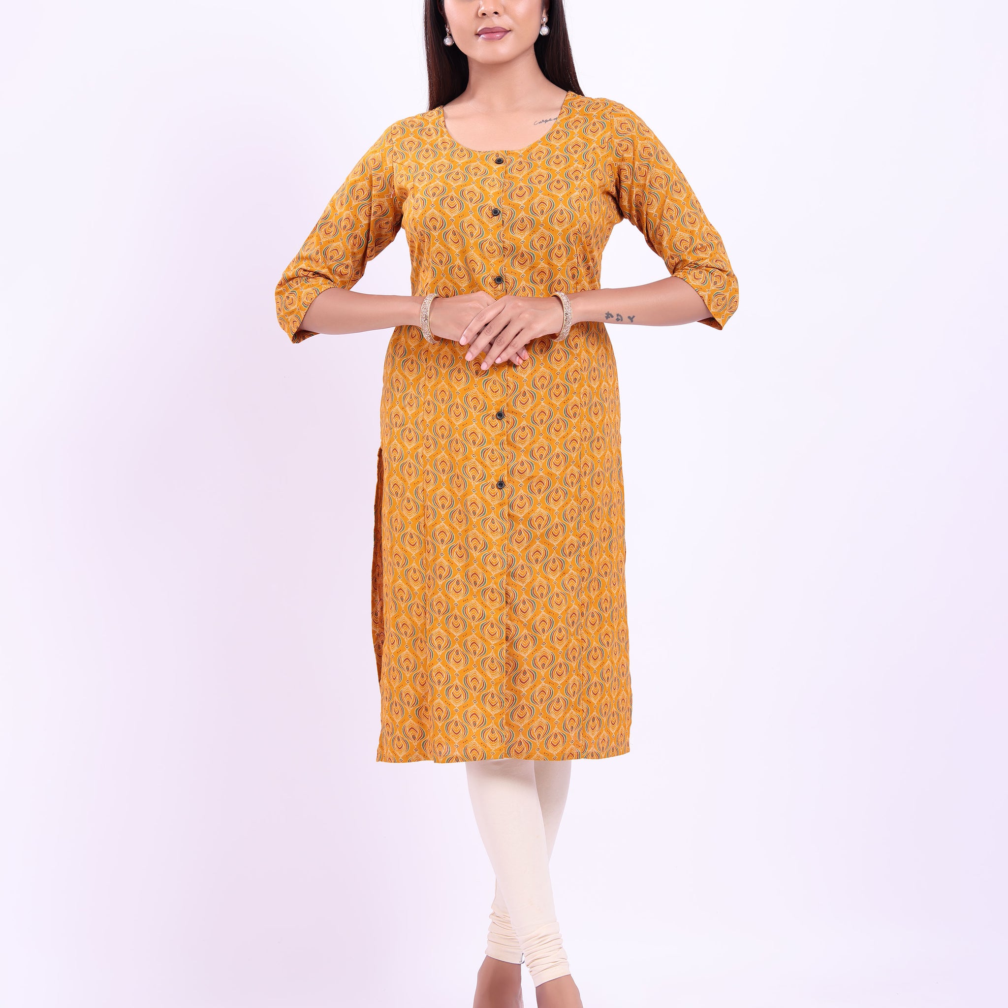 Stylish Women's yellow Buttoned Down printed kurti