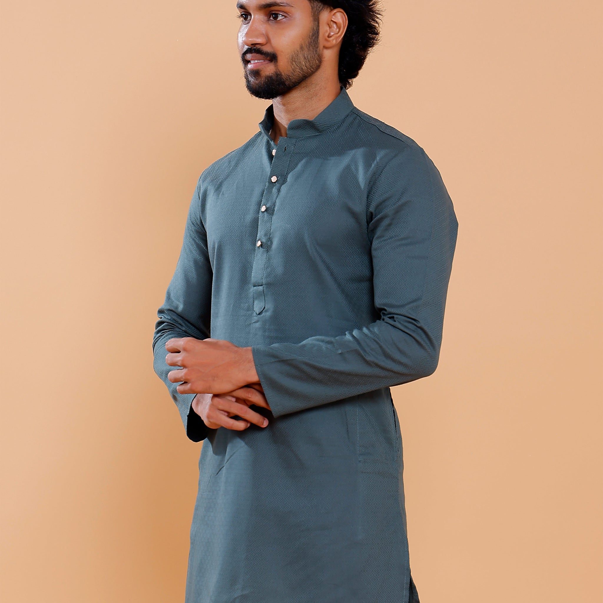 Elegant Men's Woven Design Kurta with Mandarin Collar and Full Sleeves  - Grey