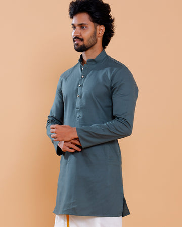 Elegant Men's Woven Design Kurta with Mandarin Collar and Full Sleeves  - Grey