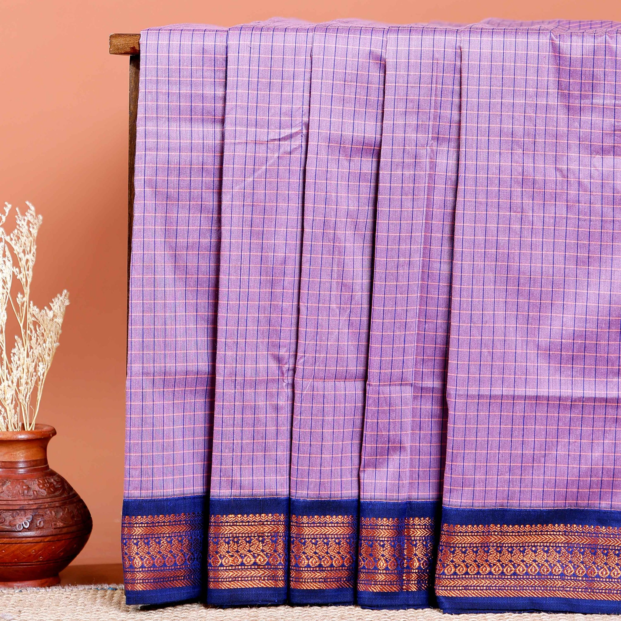 Traditional Kalyani Cotton Saree with All-Over Checks and Ornate Zari Pallu and Border - Lavender