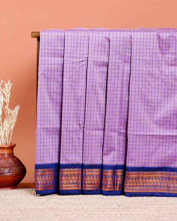 Traditional Kalyani Cotton Saree with All-Over Checks and Ornate Zari Pallu and Border - Lavender