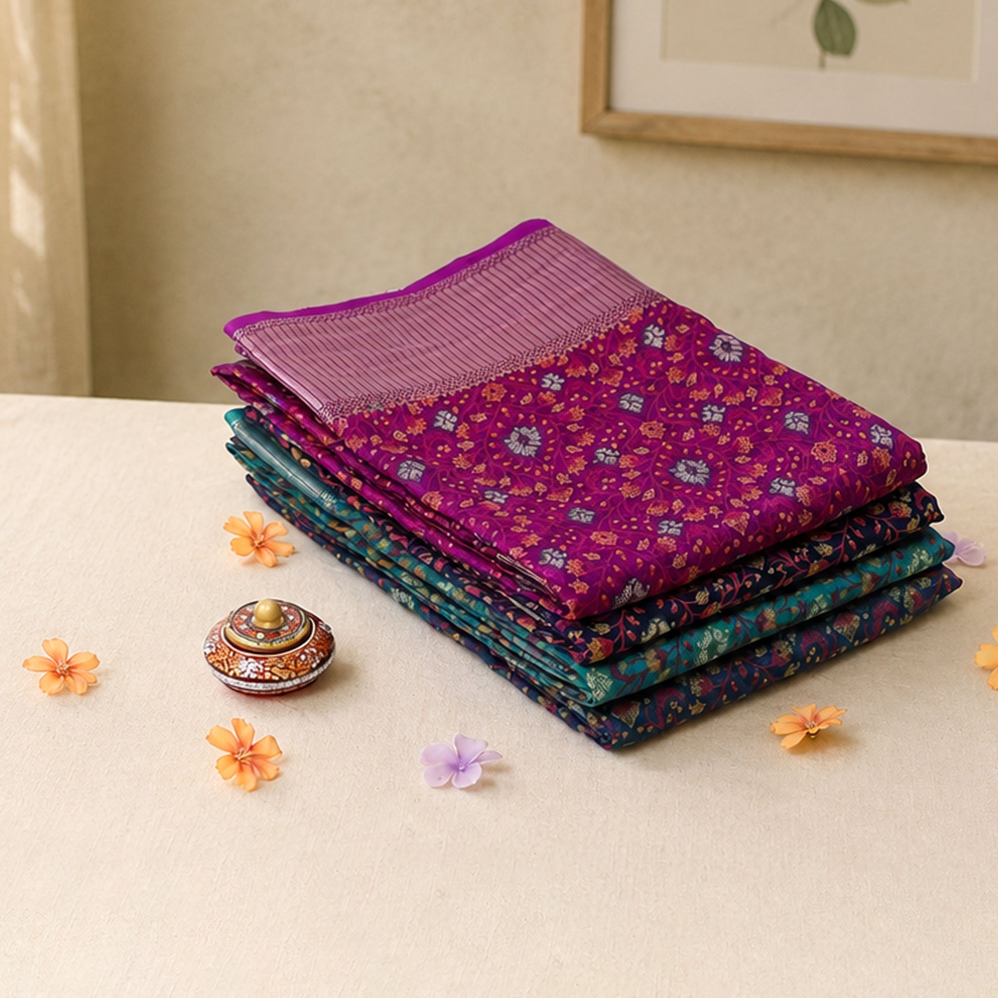 Art silk saree with intricate floral woven pattern in Purple and teal tones neatly folded stack close up product display view