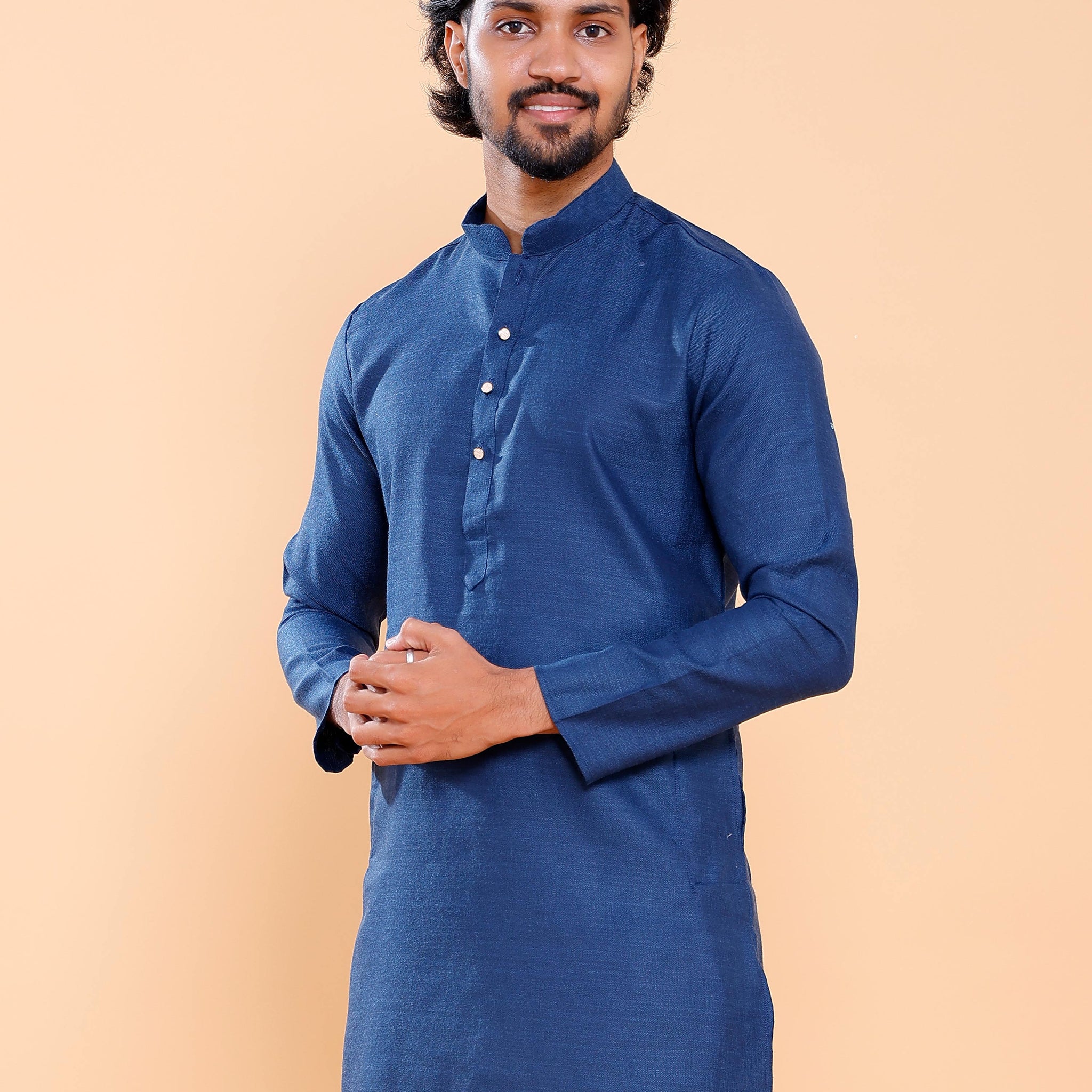 Elegant Men's Solid Mandarin Collar Kurta with Full Sleeves - Blue