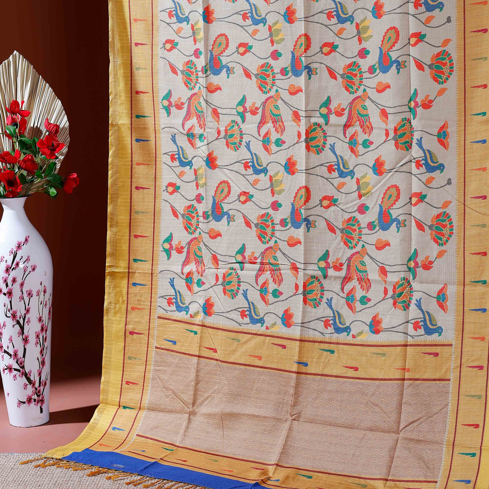 Traditional Kota Cotton Saree with Intricate Floral and Paisley Weaving and Contrast Woven Border - Sandal