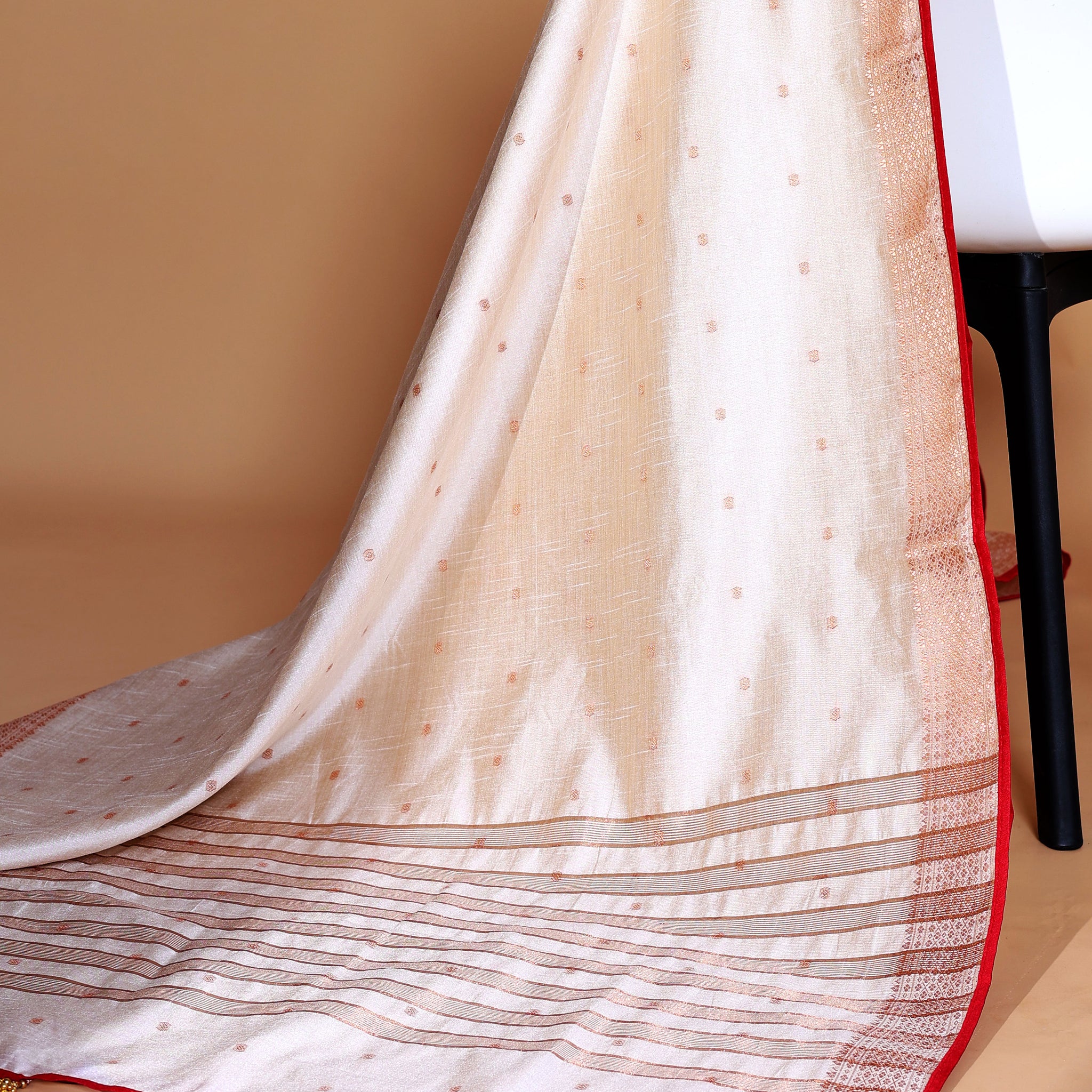 White Art Silk Saree with Golden Zari & Buti Pattern Enhanced with Red Border Without Blouse