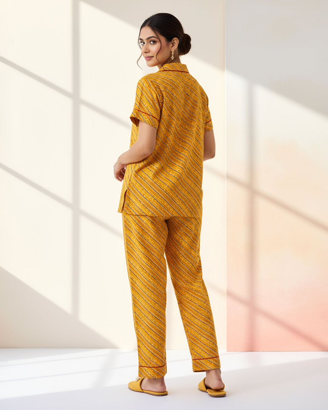 Women's Striped Print Short Sleeve Night  Wear - Mustard