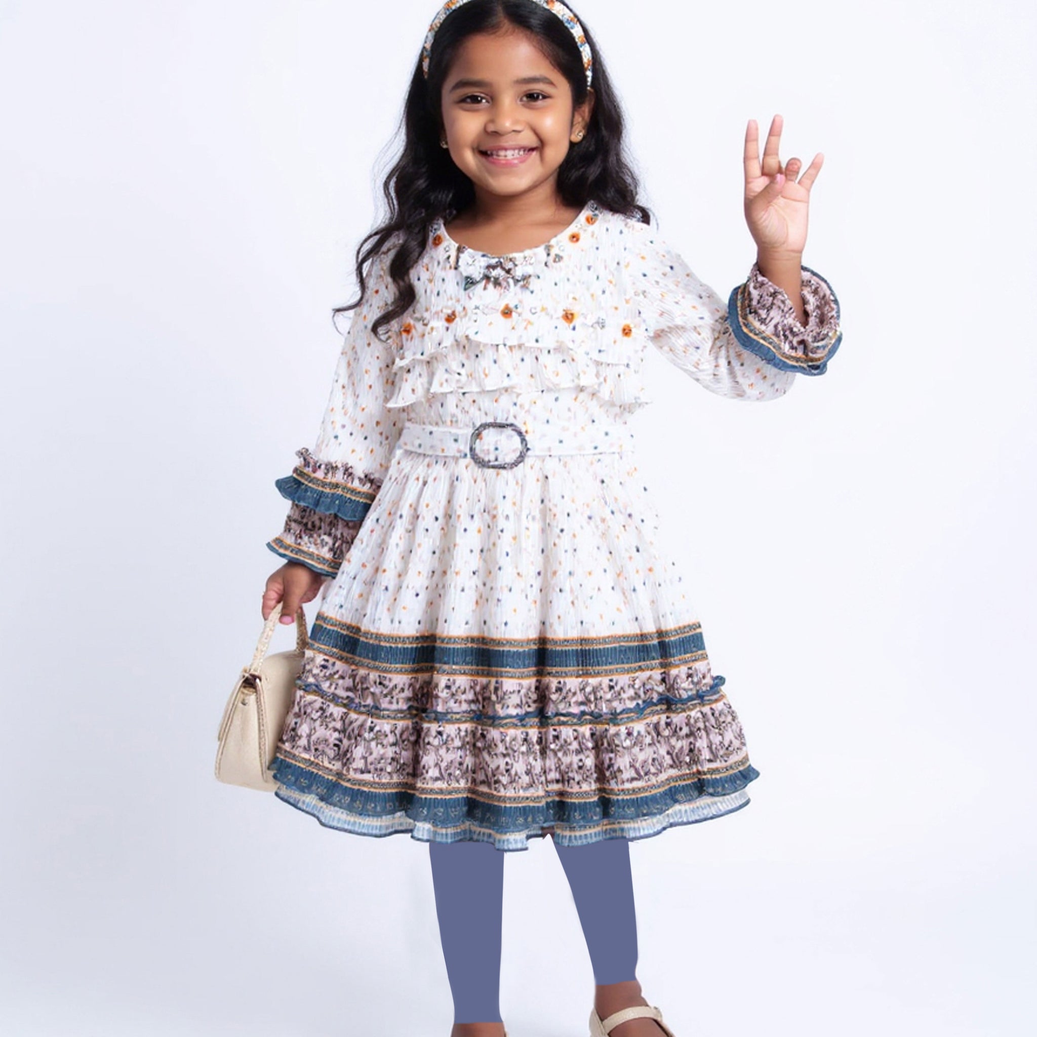 Girls' Tiered Ruffle Western Wear Dress with Embroidered Yoke & Bell Sleeves - Cream