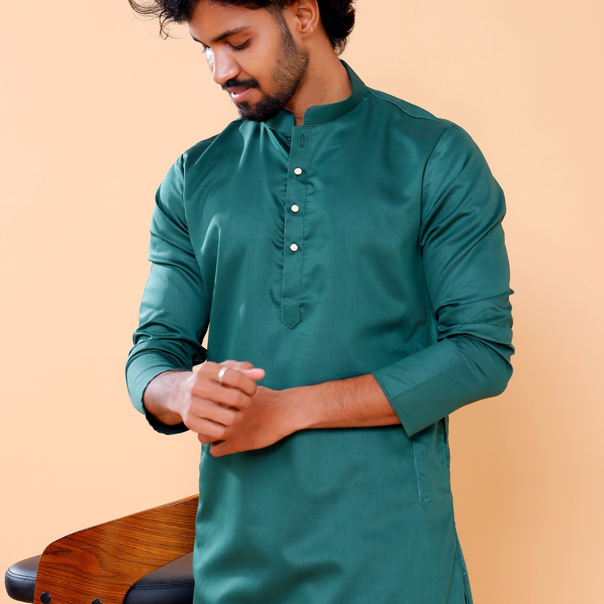 Elegant Men's Solid Straight Fit Kurta with Long Sleeves and Band Collar - Green