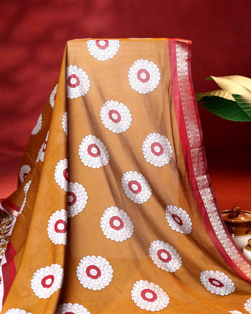 Elegant Semi Chanderi Saree with Floral Motif Print and Contrasting Zari Woven Border - Mustard