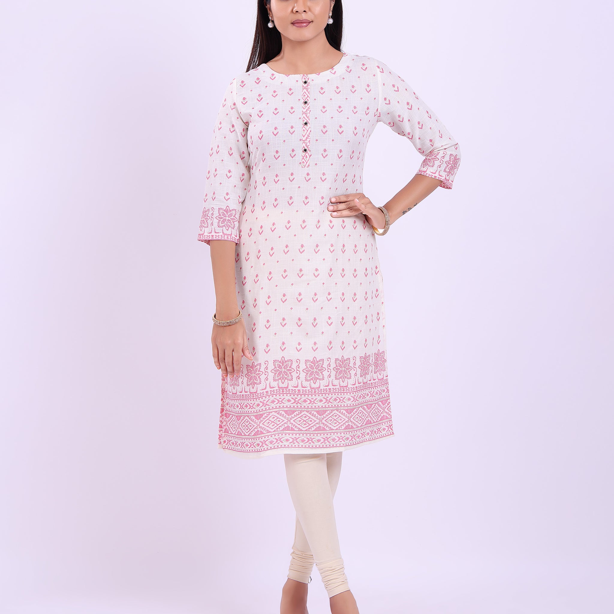 Women's Ethnic Motifs Printed Straight Kurta 3/4th  Sleeves -  White