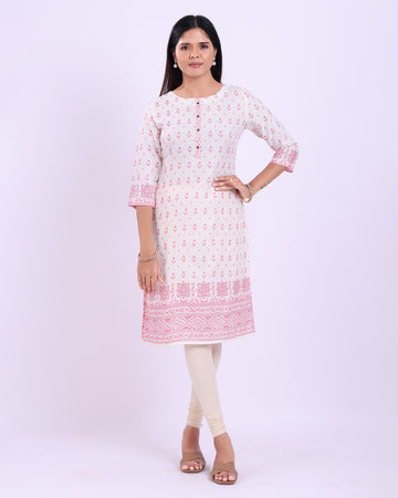 Women's Ethnic Motifs Printed Straight Kurta 3/4th  Sleeves -  White