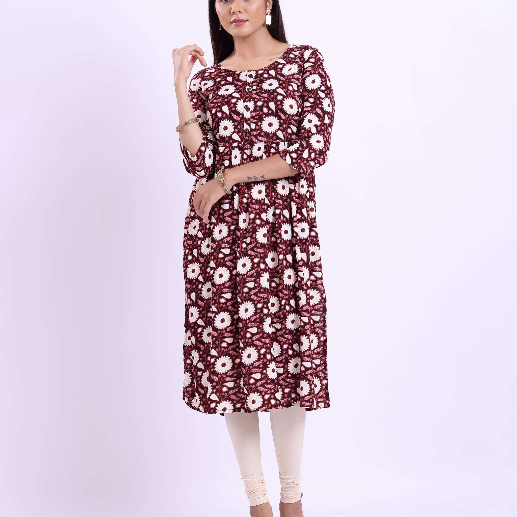 Women's Elegant Floral Printed Flared Kurta - Purple