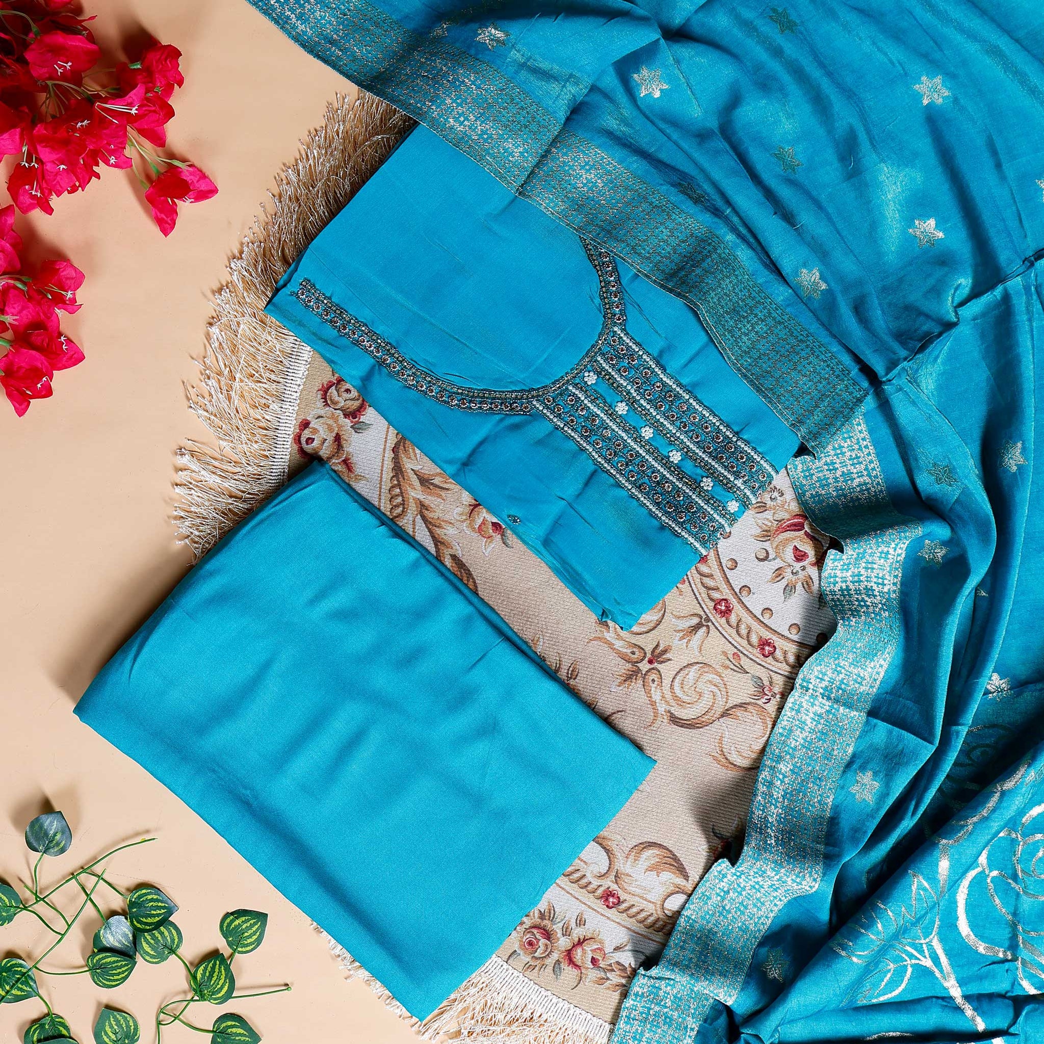Women's Unstitched Salwar Material with Sequined Embroidery and Complementary Dupatta - Blue