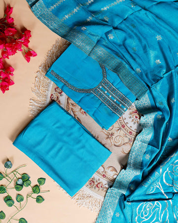 Women's Unstitched Salwar Material with Sequined Embroidery and Complementary Dupatta - Blue