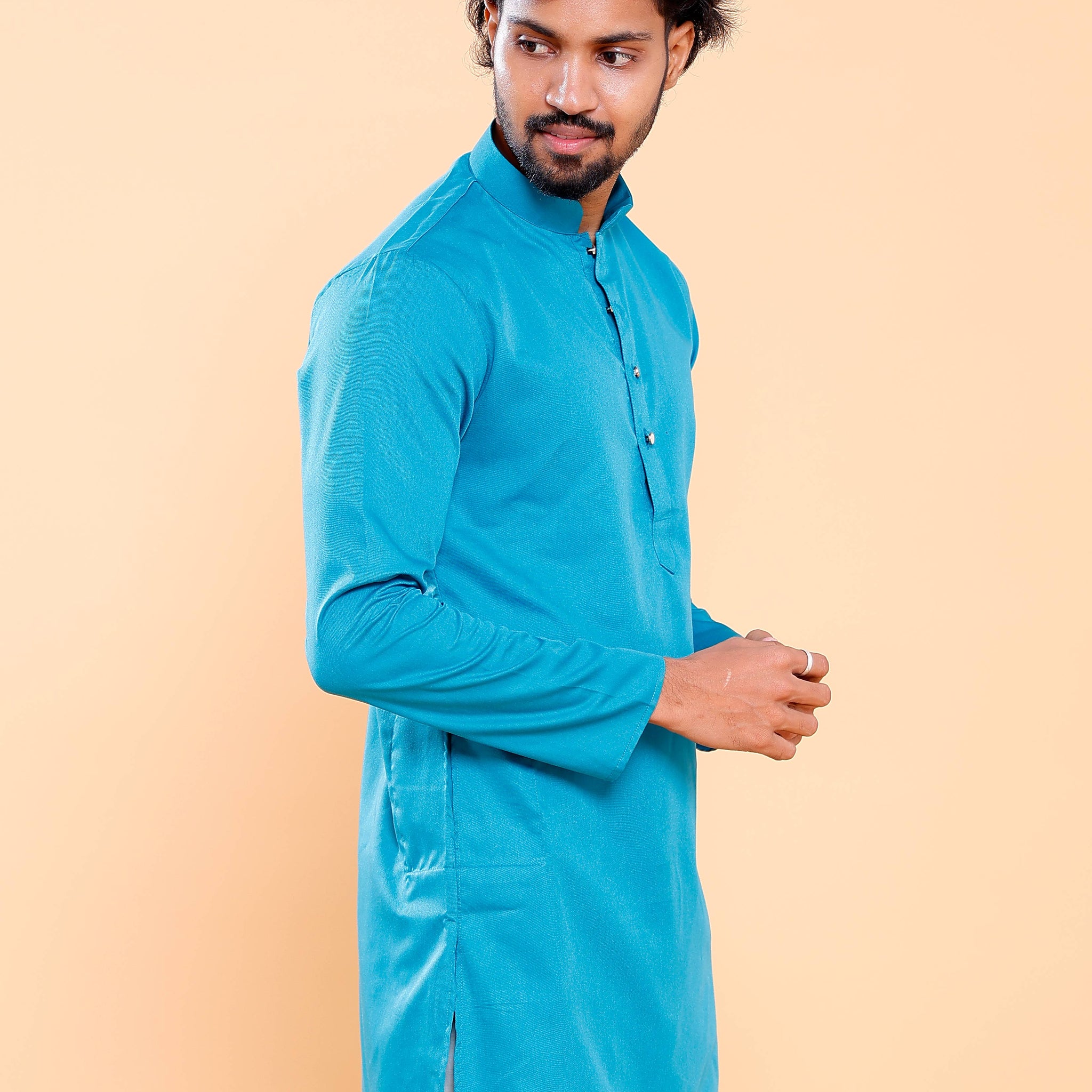 Elegant Men's Solid Mandarin Collar Kurta with Full Sleeves - Turquoise