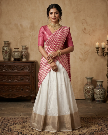Cotton Semi Stitched Dhavani Set For Women | Festive Wear & Traditional Collection | Jeyachandran - Rani Pink & White